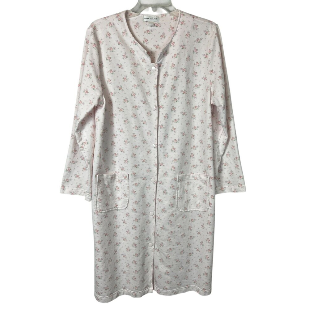 Miss Elaines Women's Pale Pink Floral Flannel Snap Front House Coat Robe Size M